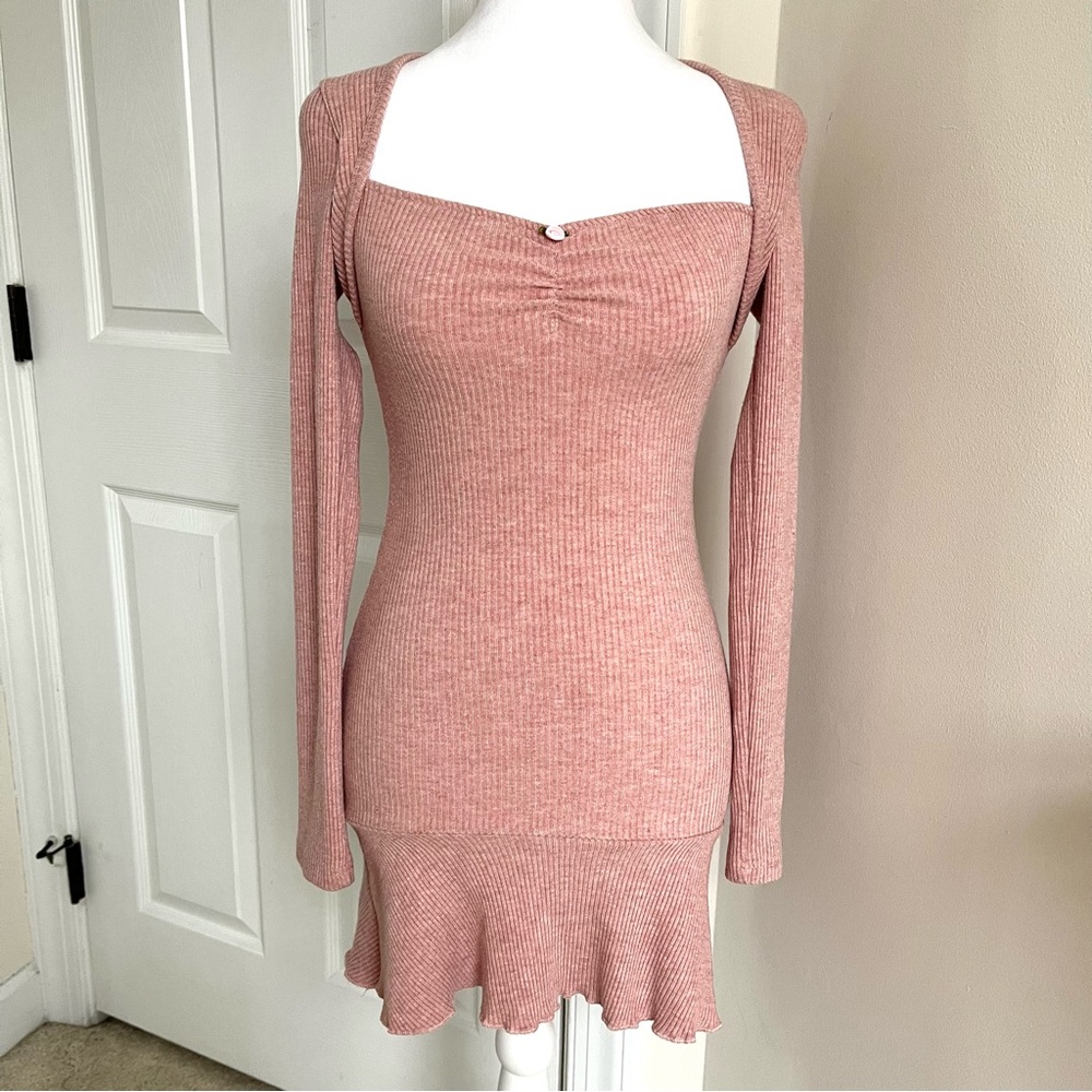 Pink Long Sleeve Floral Ribbed Mini Dress 90s Y2K Fairy Coquette Babydoll M - Picture 2 of 7